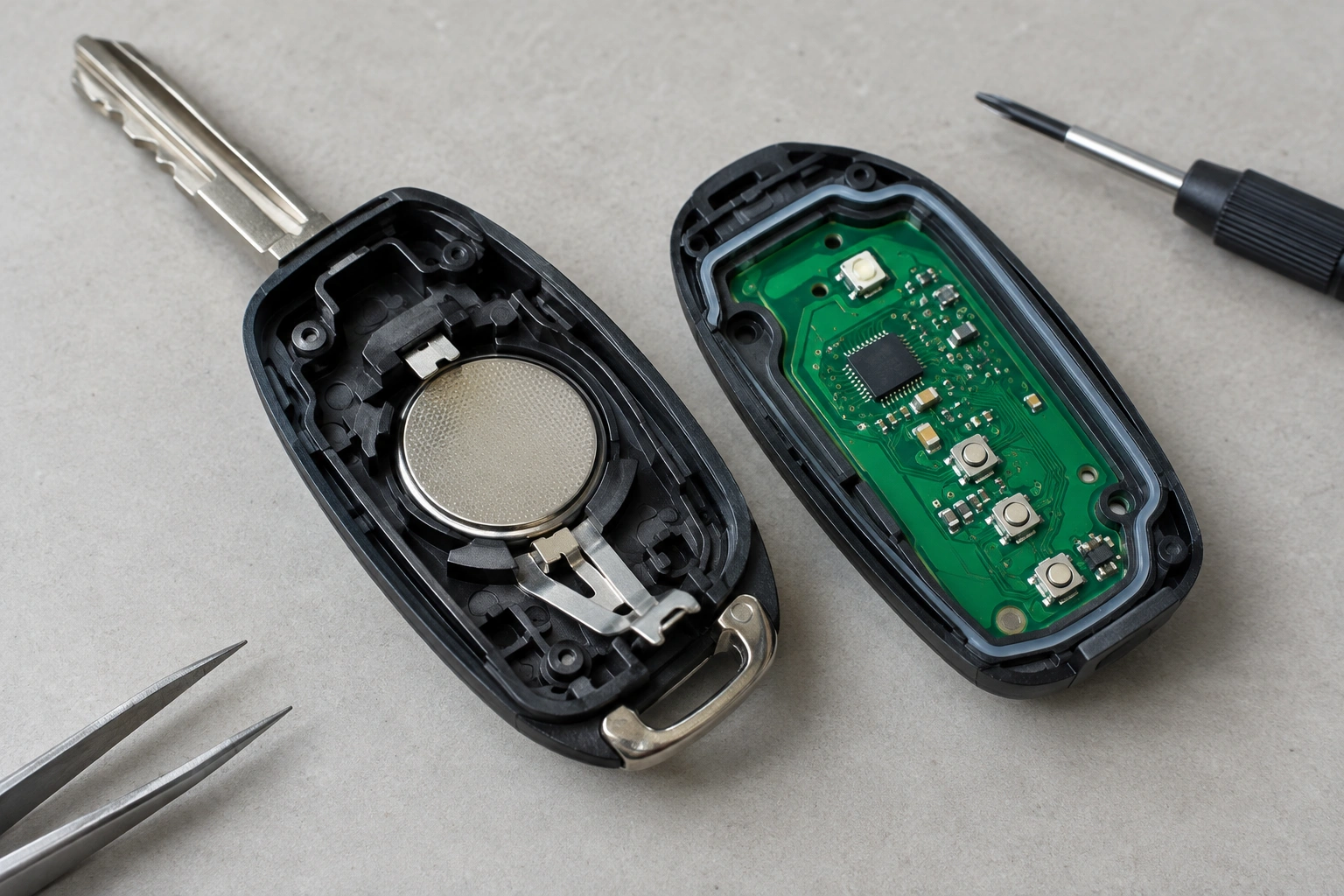 Open key fob with coin cell battery and contact points