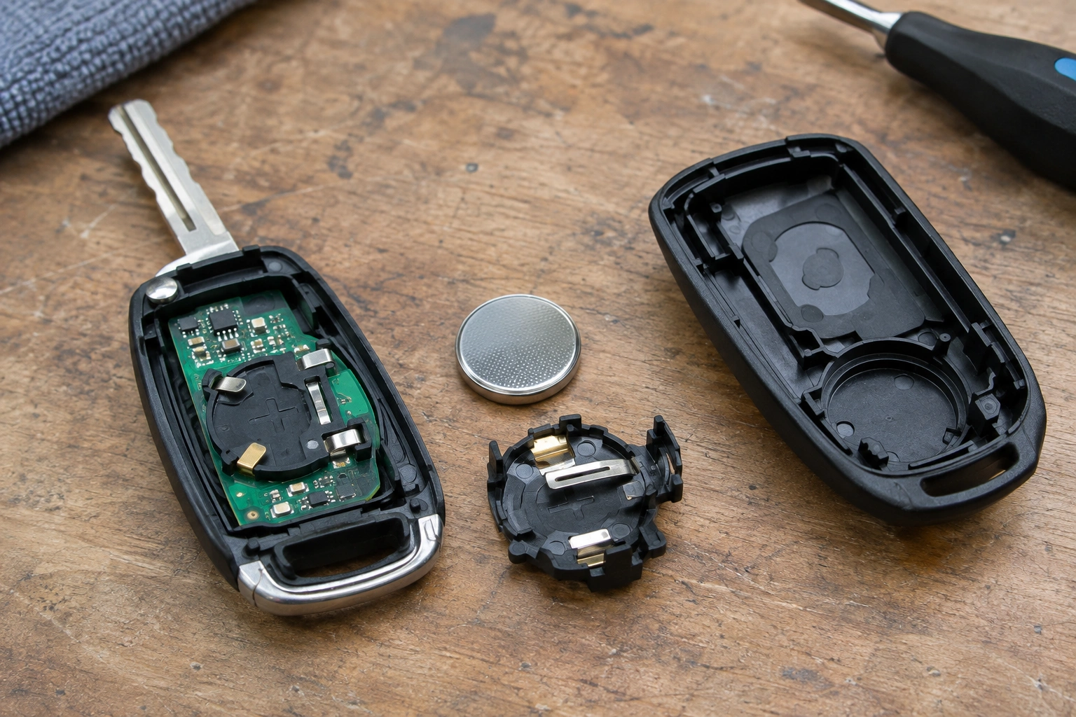 Open car key fob showing battery and internal contacts for troubleshooting