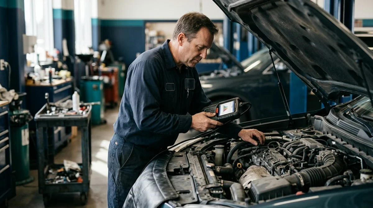 Technician investigating abnormal LTFT readings with an OBD2 scanner beside an open engine bay.