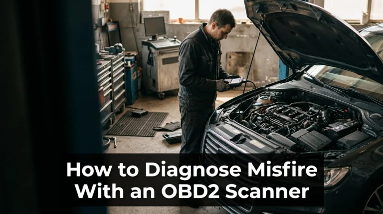Technician using an OBD2 scanner to diagnose an engine misfire in a modern car.