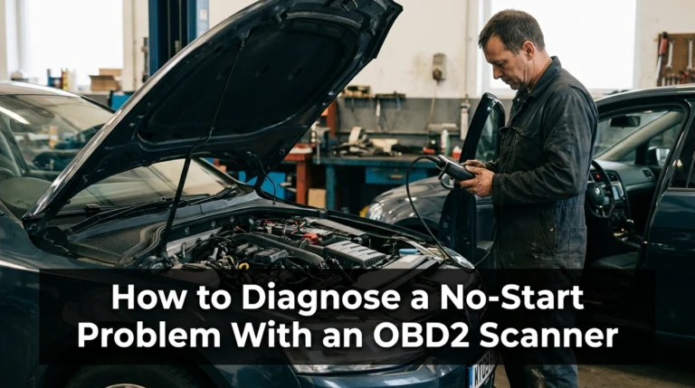 Technician using an OBD2 scanner to diagnose a car that will not start.