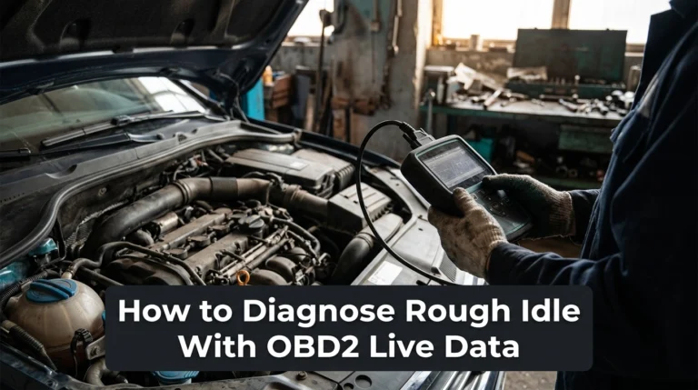 Mechanic using an OBD2 scanner to diagnose rough idle in a passenger car engine bay.