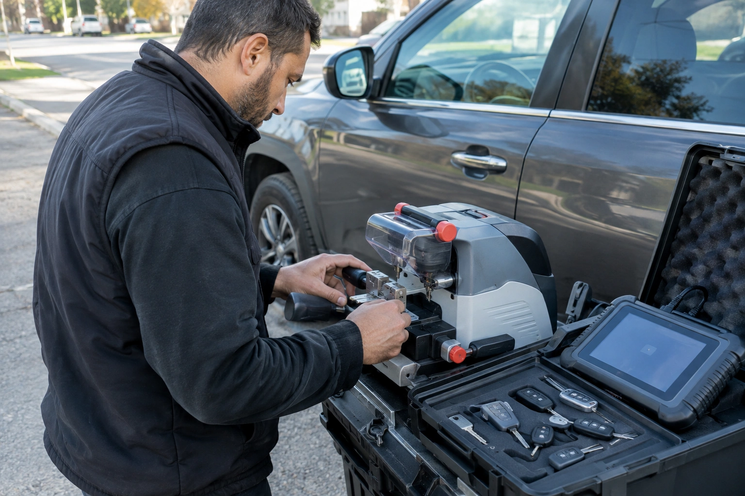 Automotive locksmith cutting and programming a replacement car key beside a vehicle