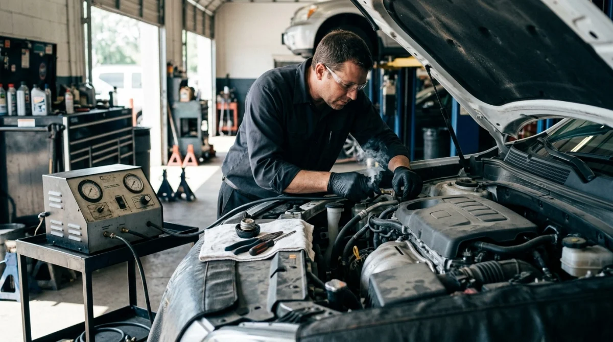 Technician using an EVAP smoke machine to locate a vapor leak near an automotive hose connection.