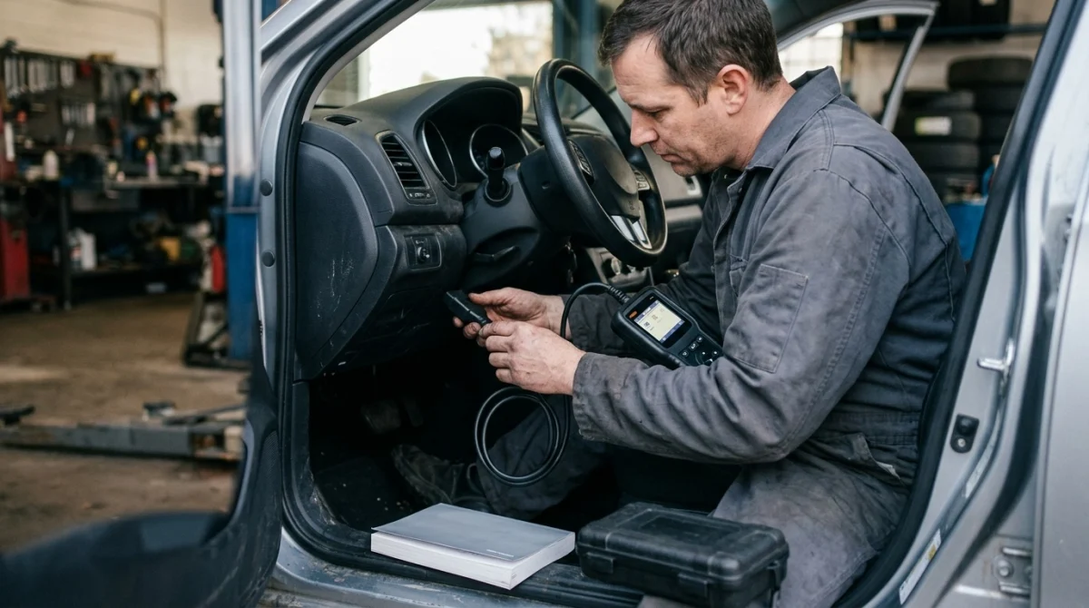 Automotive technician reconnecting an OBD2 scanner beneath a car dashboard during troubleshooting.