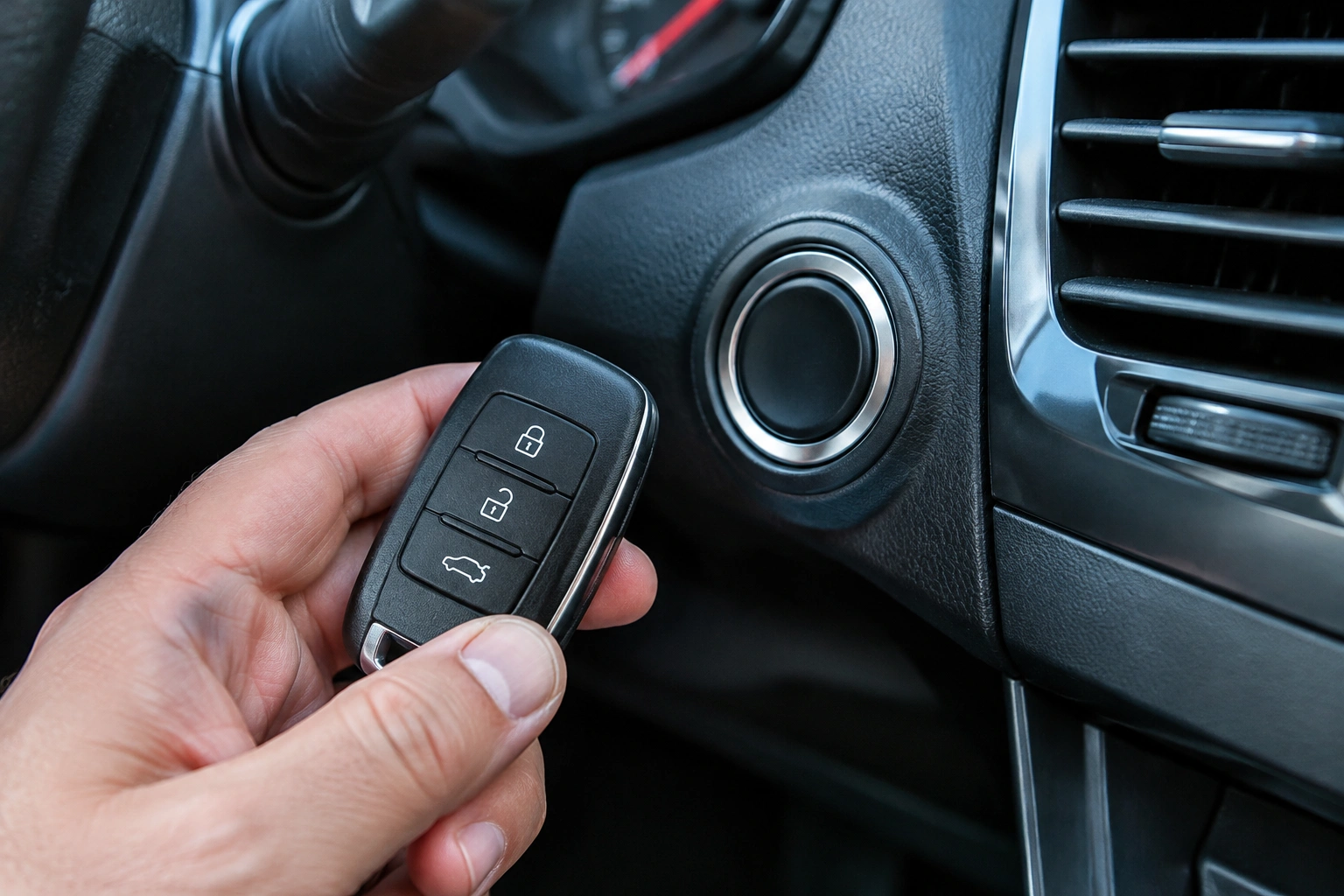 Key fob held near a push-button start sensor area in a car