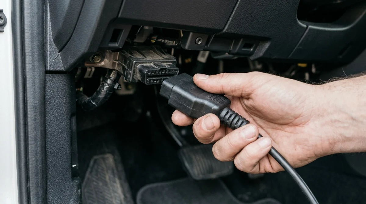 Close-up of plugging an OBD2 scanner into a car diagnostic port.