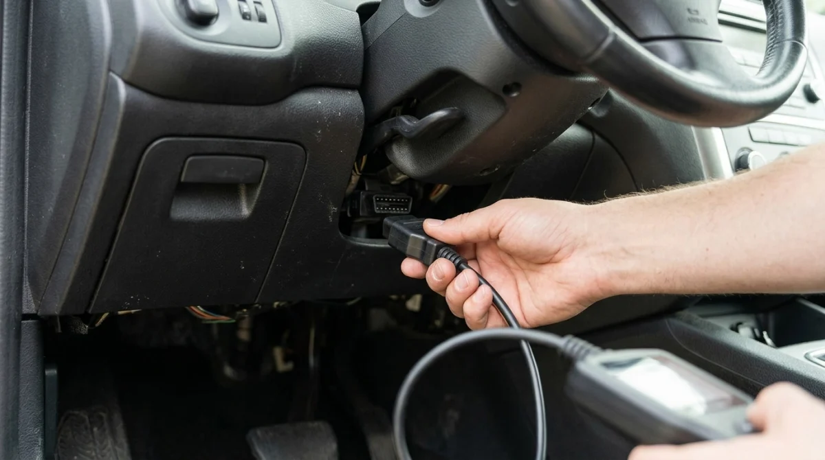 Person plugging an OBD2 scanner into a vehicle data link connector.