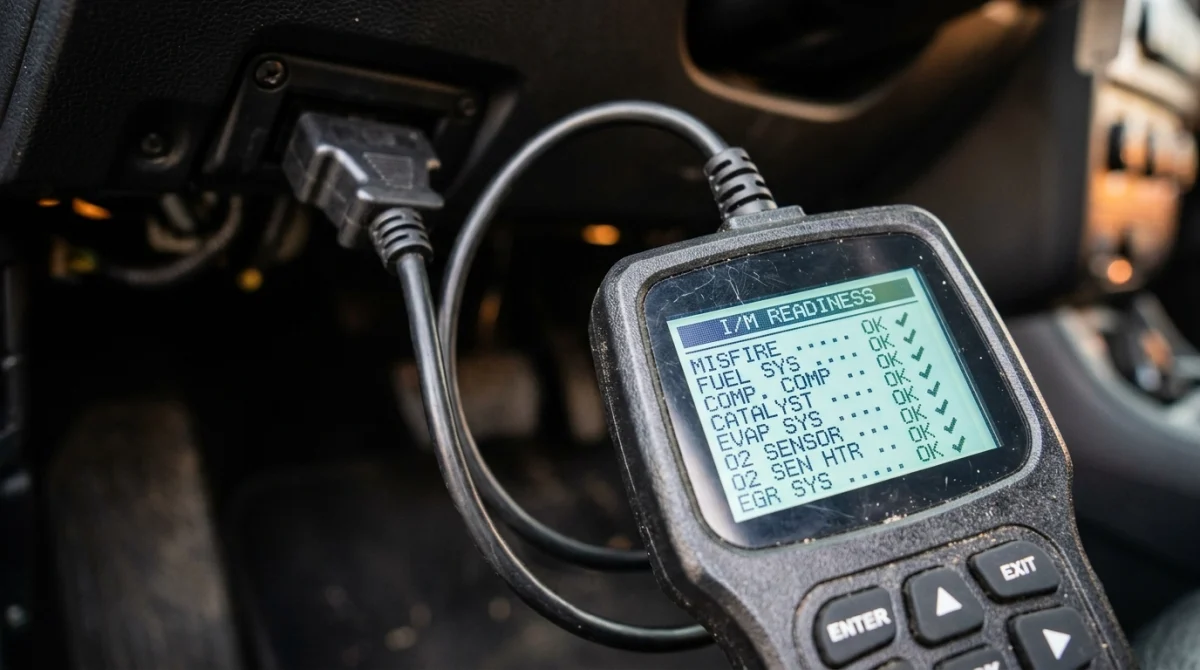 Close-up of an OBD2 scanner screen showing I/M readiness test menus.