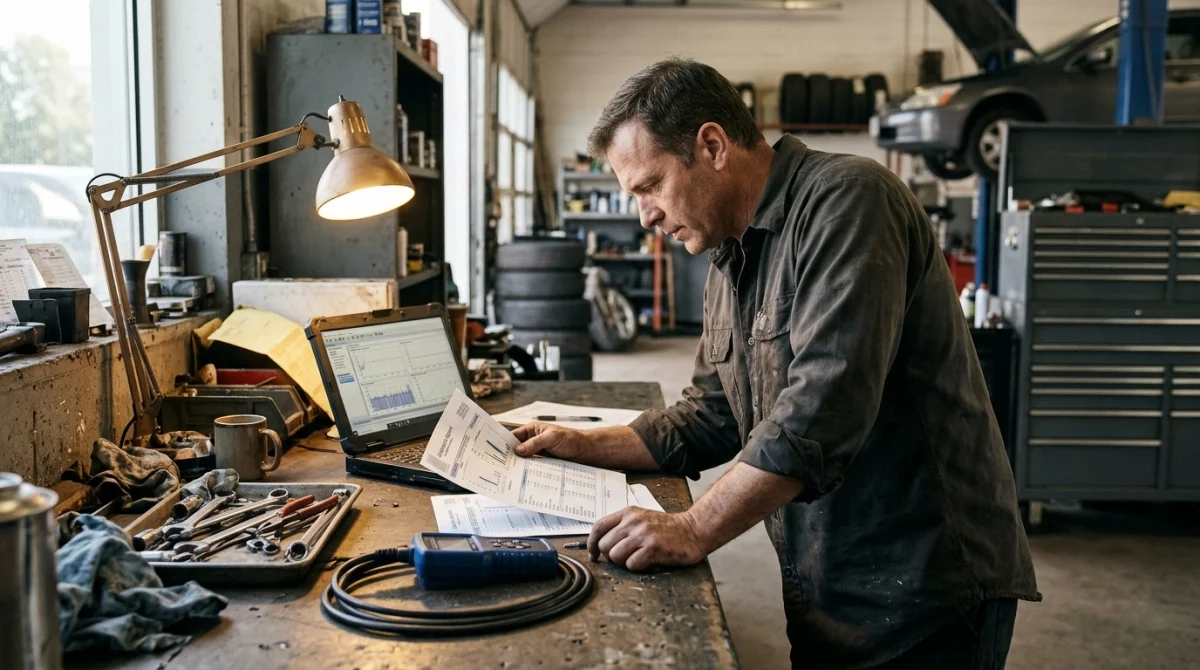 Mechanic analyzing diagnostic trouble codes and freeze frame operating conditions.