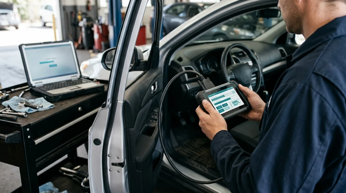 Technician checking an updated OBD2 scanner connected to a parked vehicle.