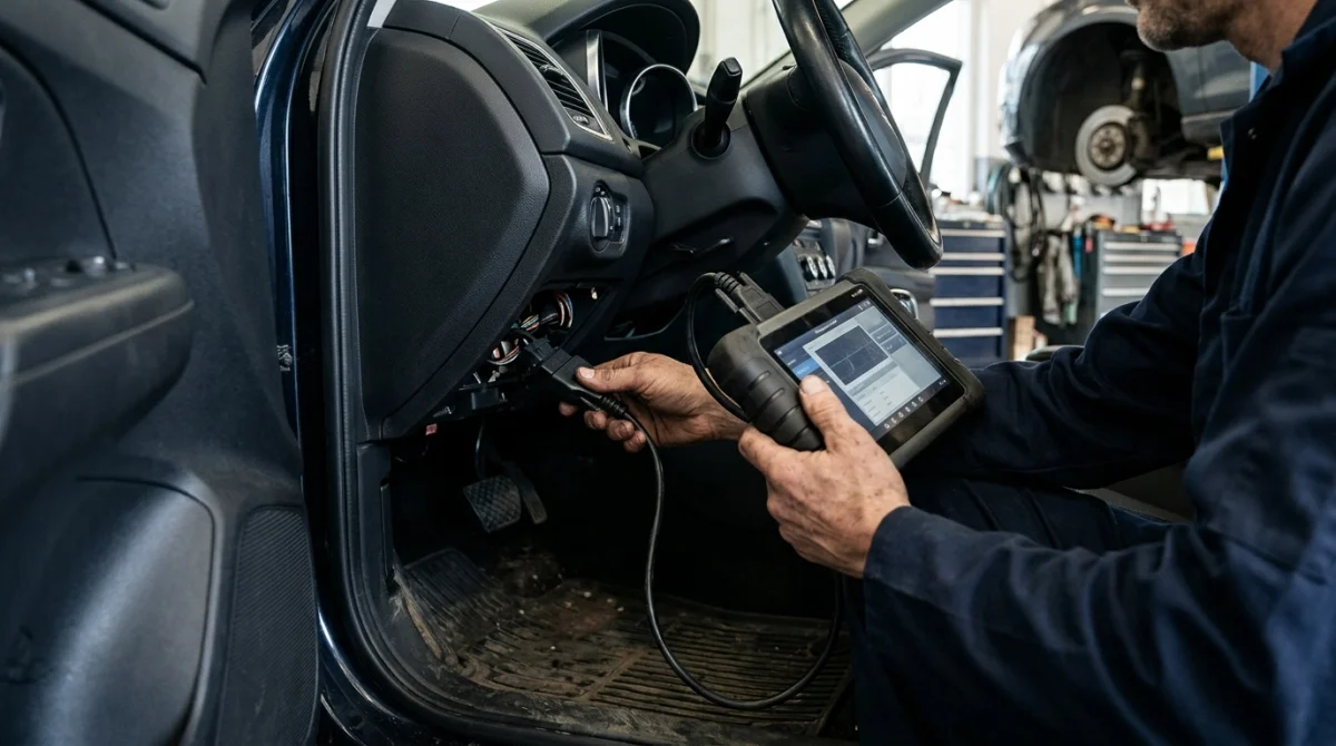 Mechanic connecting an OBD2 scanner to a car's diagnostic port to read ABS codes.