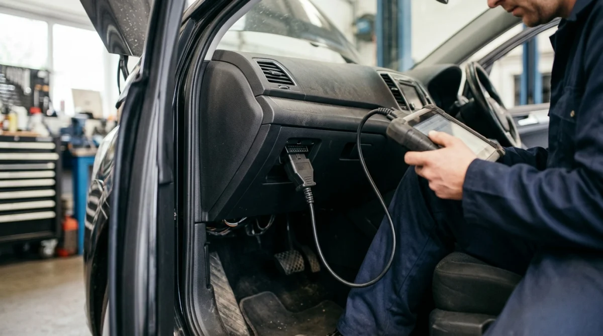 OBD2 scanner connected beneath a car dashboard during engine diagnostics.