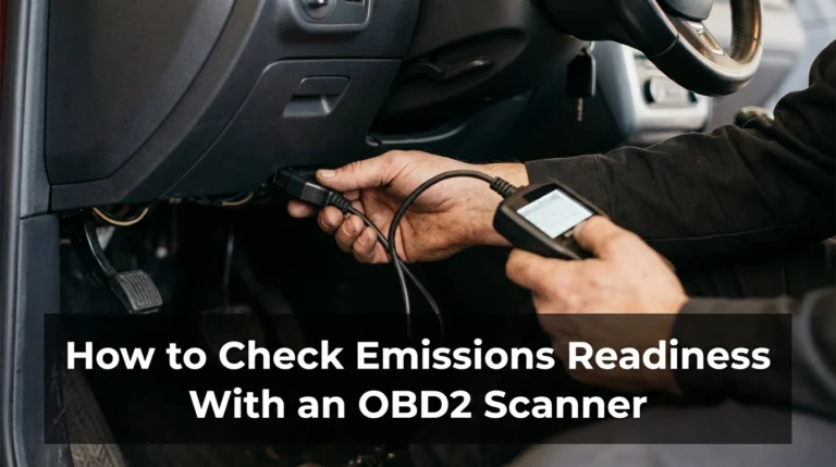 Mechanic connecting an OBD2 scanner to a vehicle dashboard port to check emissions readiness.