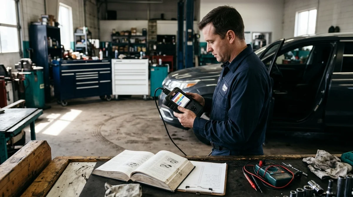 Automotive technician checking an OBD2 scanner and owner's manual to troubleshoot incomplete readiness monitors.