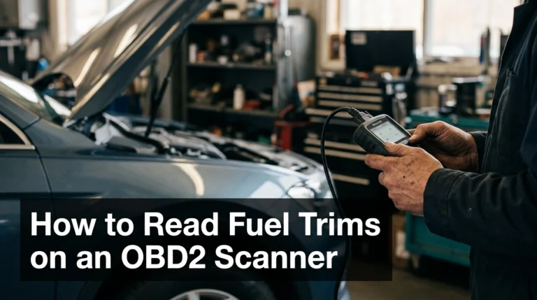 How to read fuel trims on an OBD2 scanner connected to a vehicle in an automotive workshop.