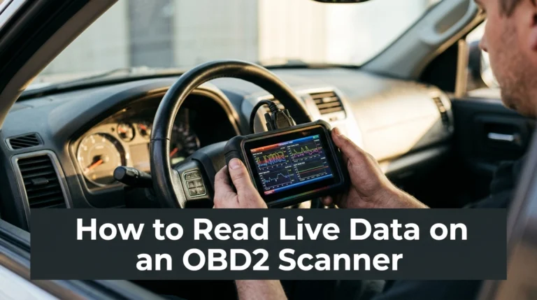 Technician reading live data on an OBD2 scanner inside a car.