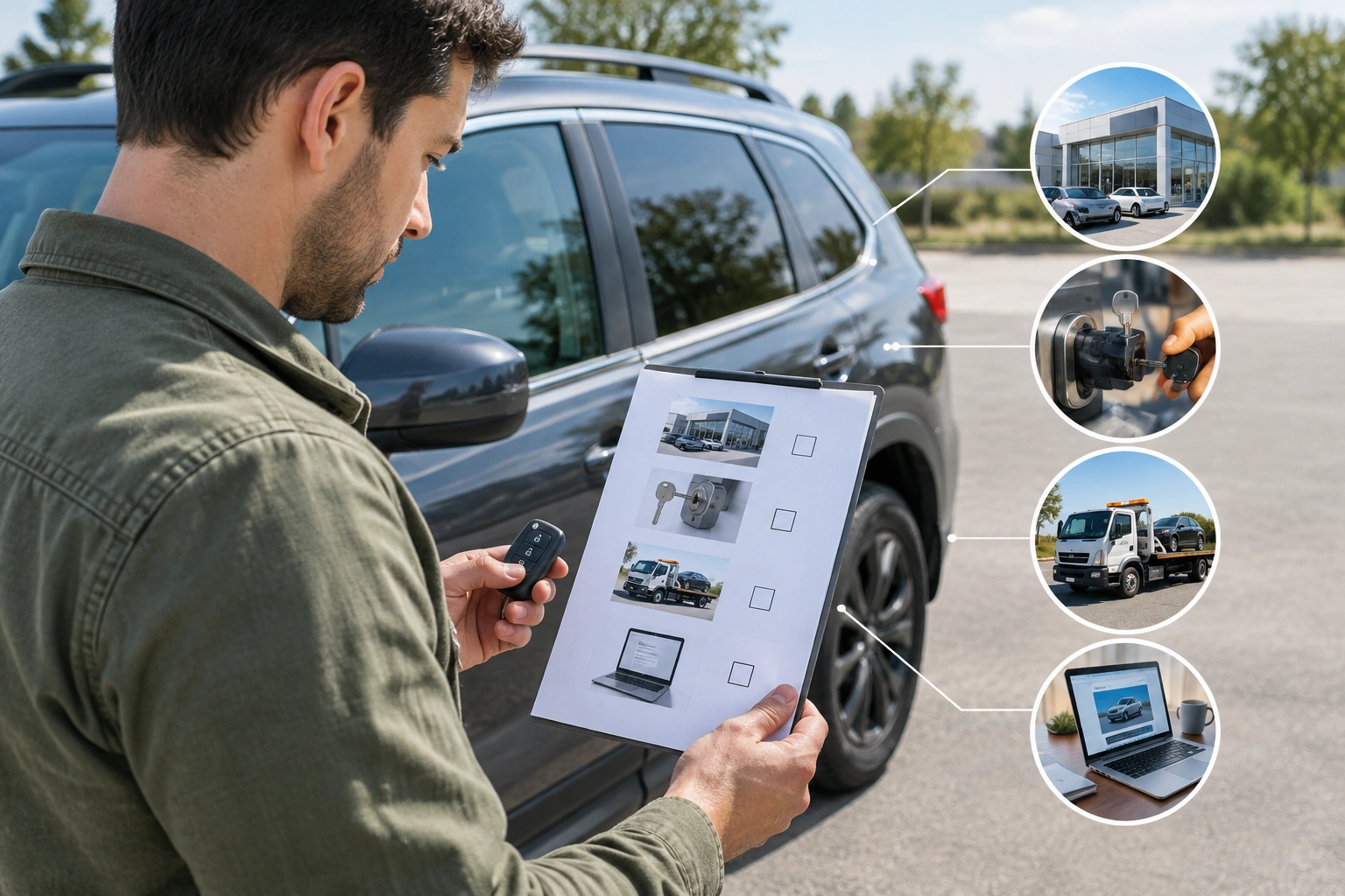 Car owner comparing dealer, locksmith, and roadside assistance options for a lost car key