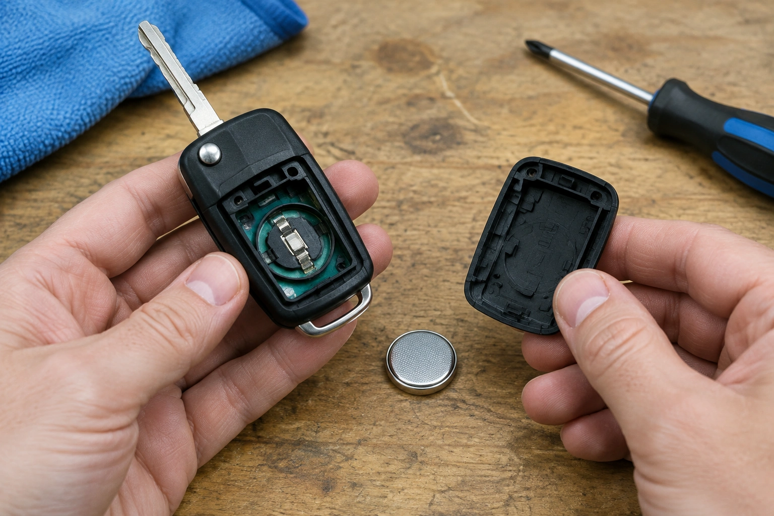 Person checking a car key fob battery during troubleshooting