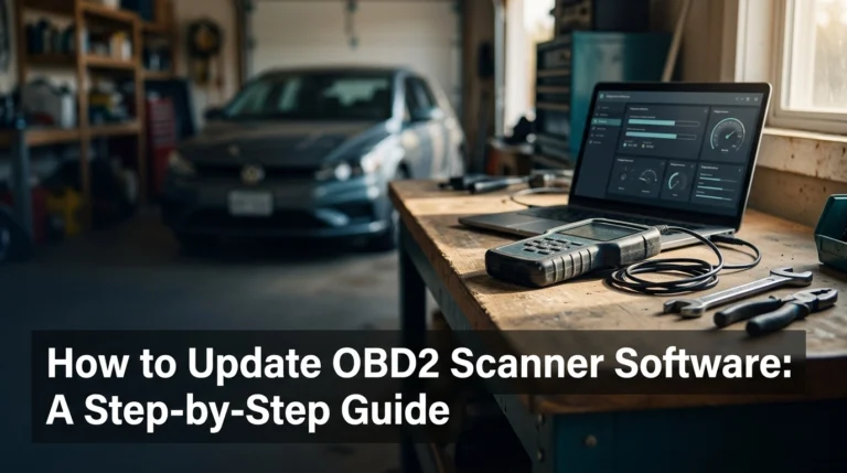 OBD2 scanner connected to a laptop for a software update in a home garage.