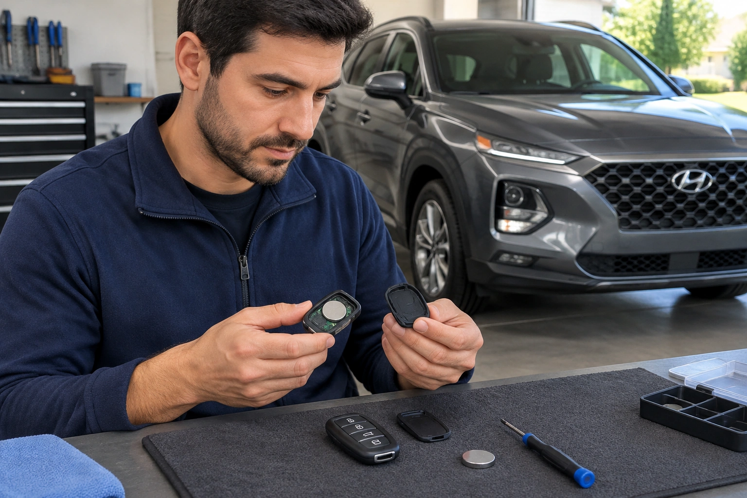 Hyundai owner checking a key fob battery and spare key