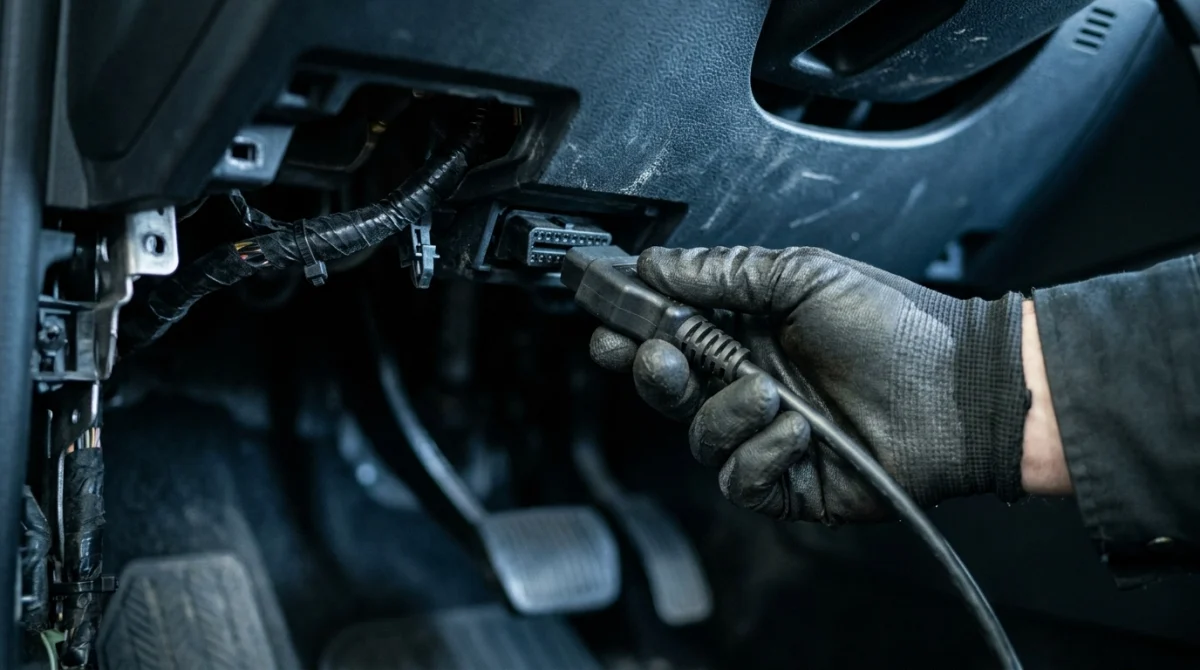 Mechanic connecting an OBD2 scanner to a vehicle dashboard port to check emissions readiness.