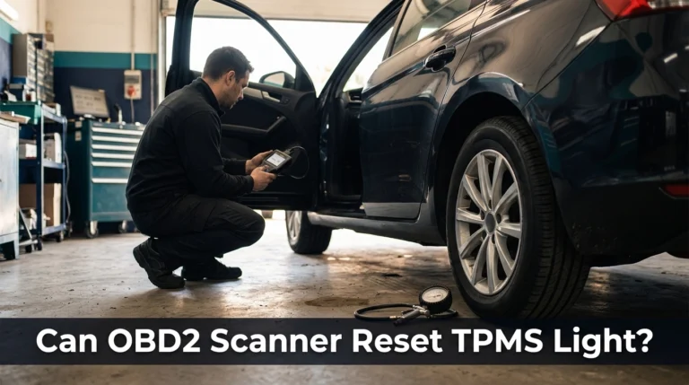OBD2 scanner and tire pressure gauge beside a car wheel during TPMS troubleshooting.