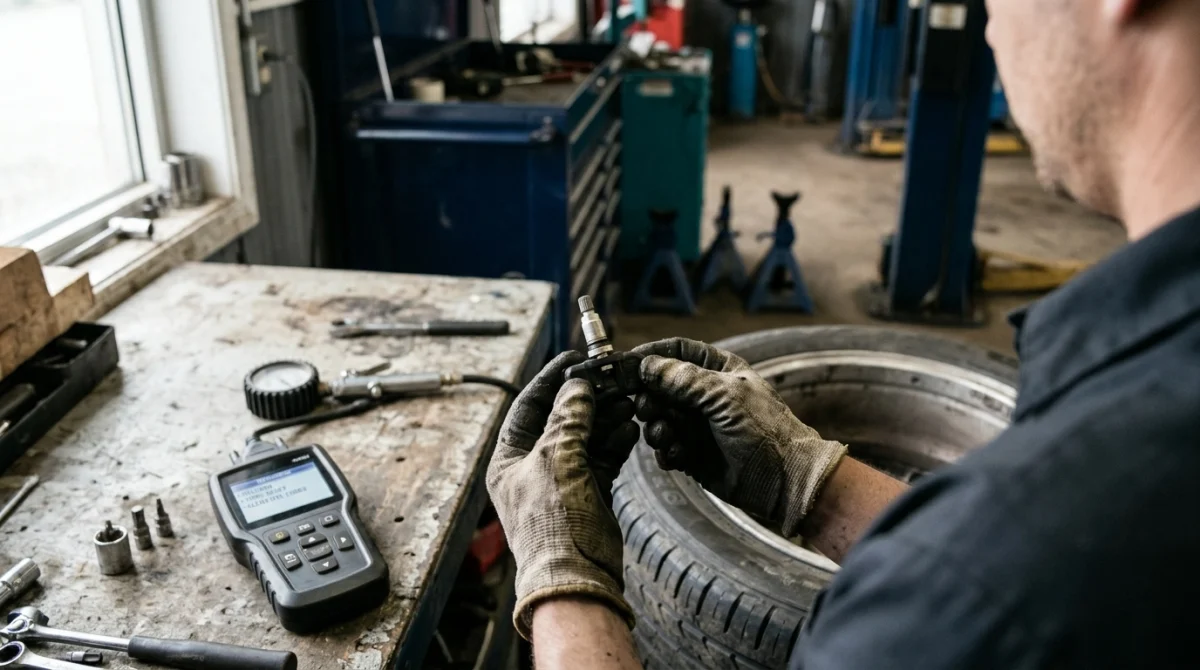 Technician inspecting a tire pressure sensor and diagnostic scanner during TPMS troubleshooting.