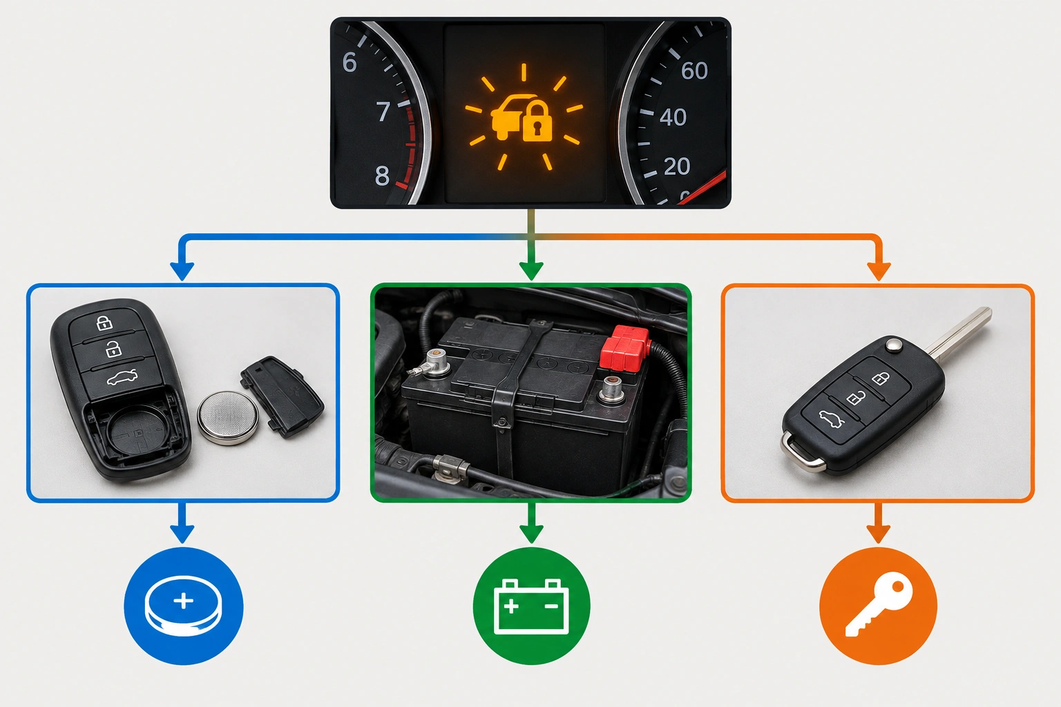 Driver comparing key fob battery, car battery, and immobilizer warning light causes