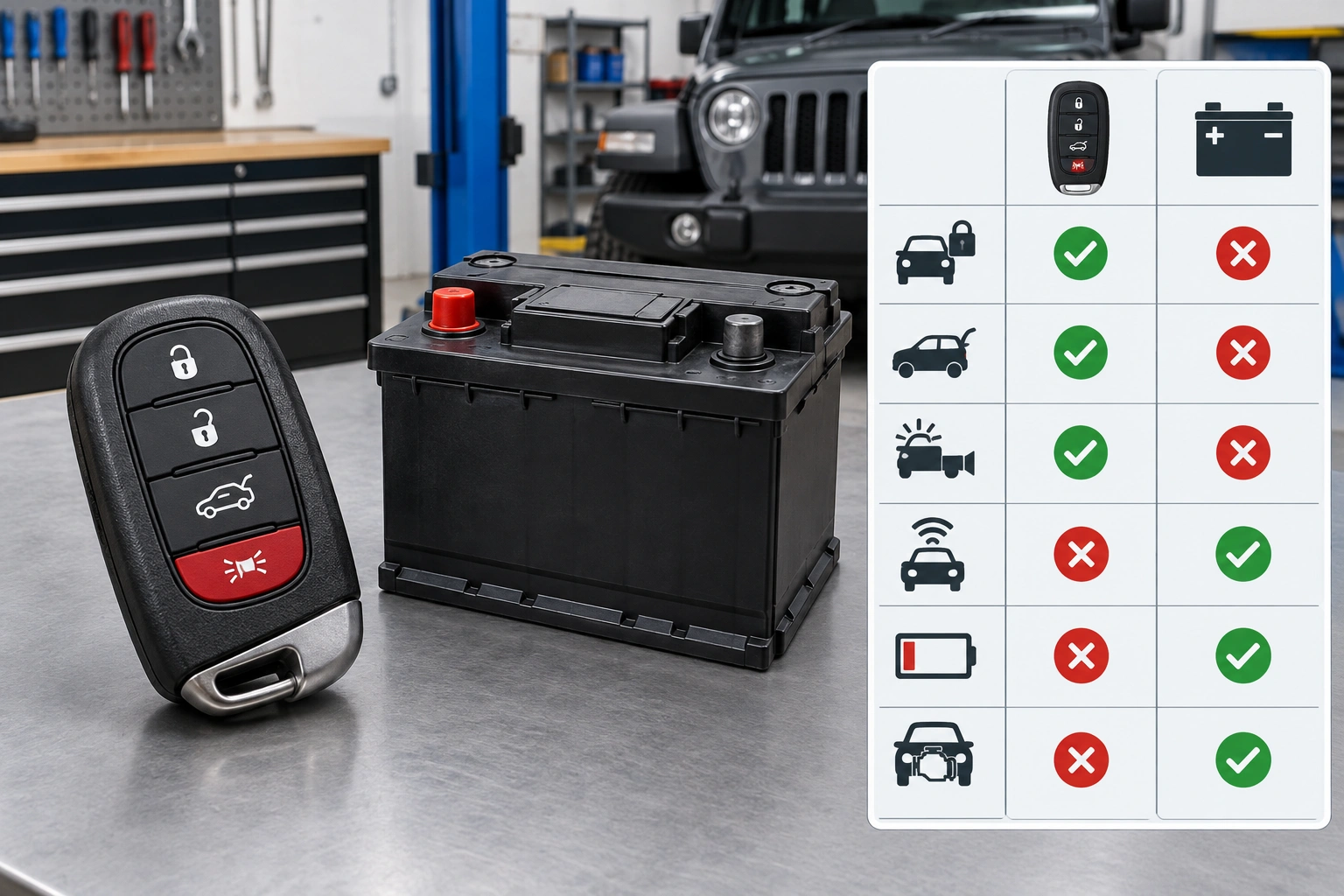 Jeep key fob troubleshooting guide with symptom comparison table