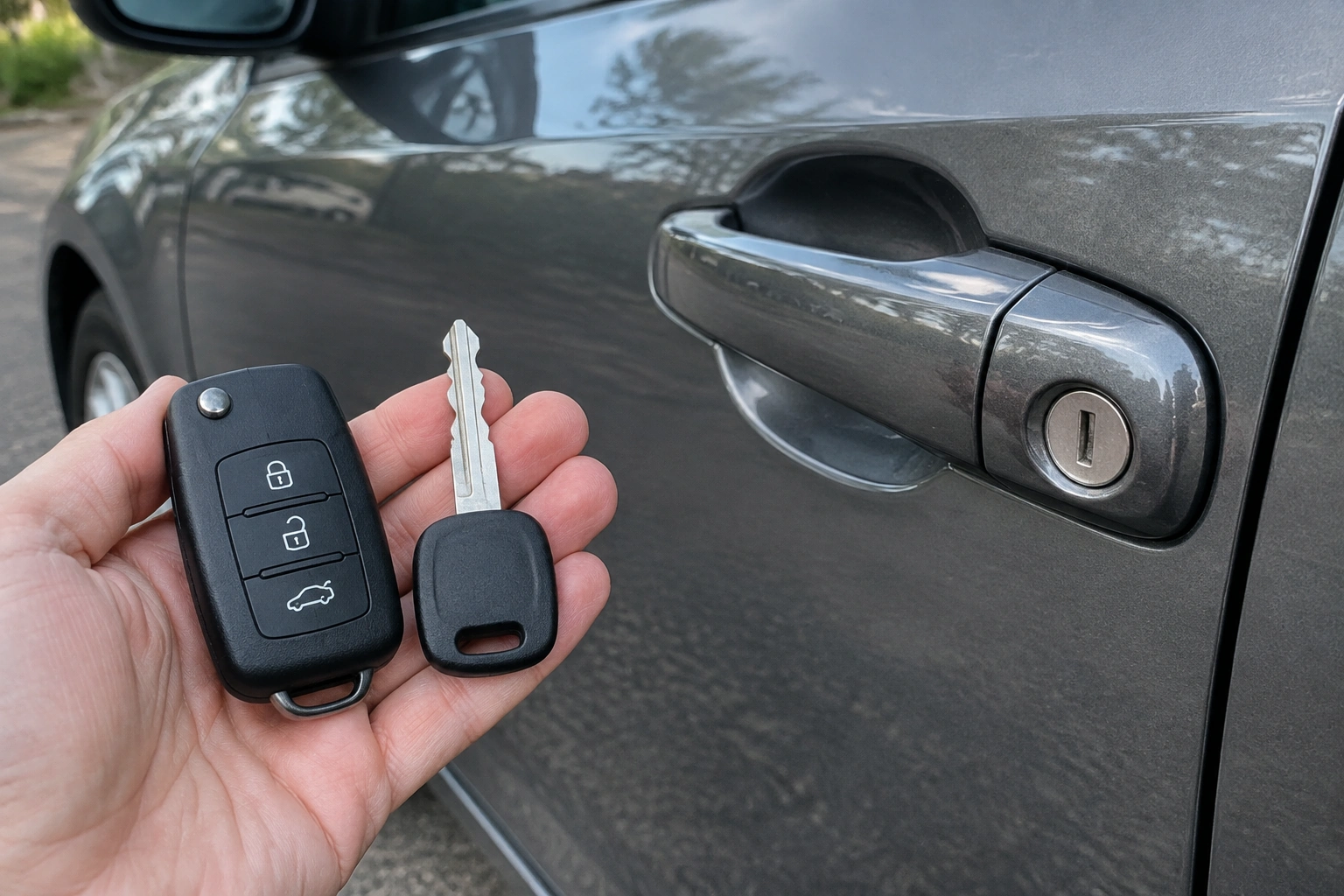 Car key fob beside a vehicle door lock during alarm troubleshooting