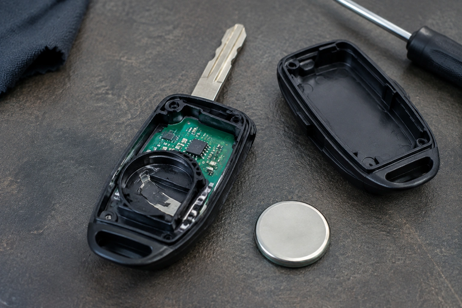 Open key fob shell with coin cell battery beside it