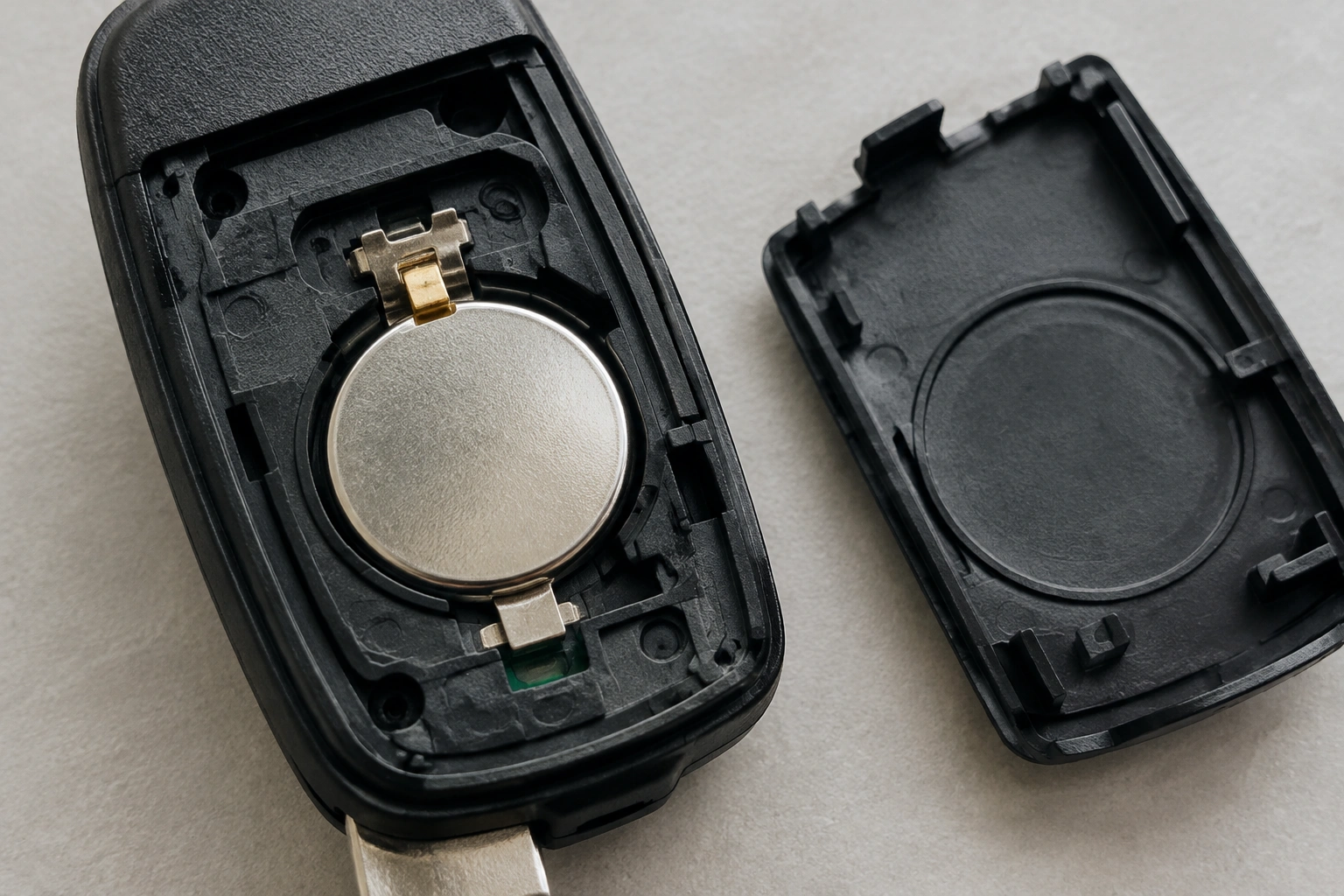 Open key fob showing battery compartment and metal contacts