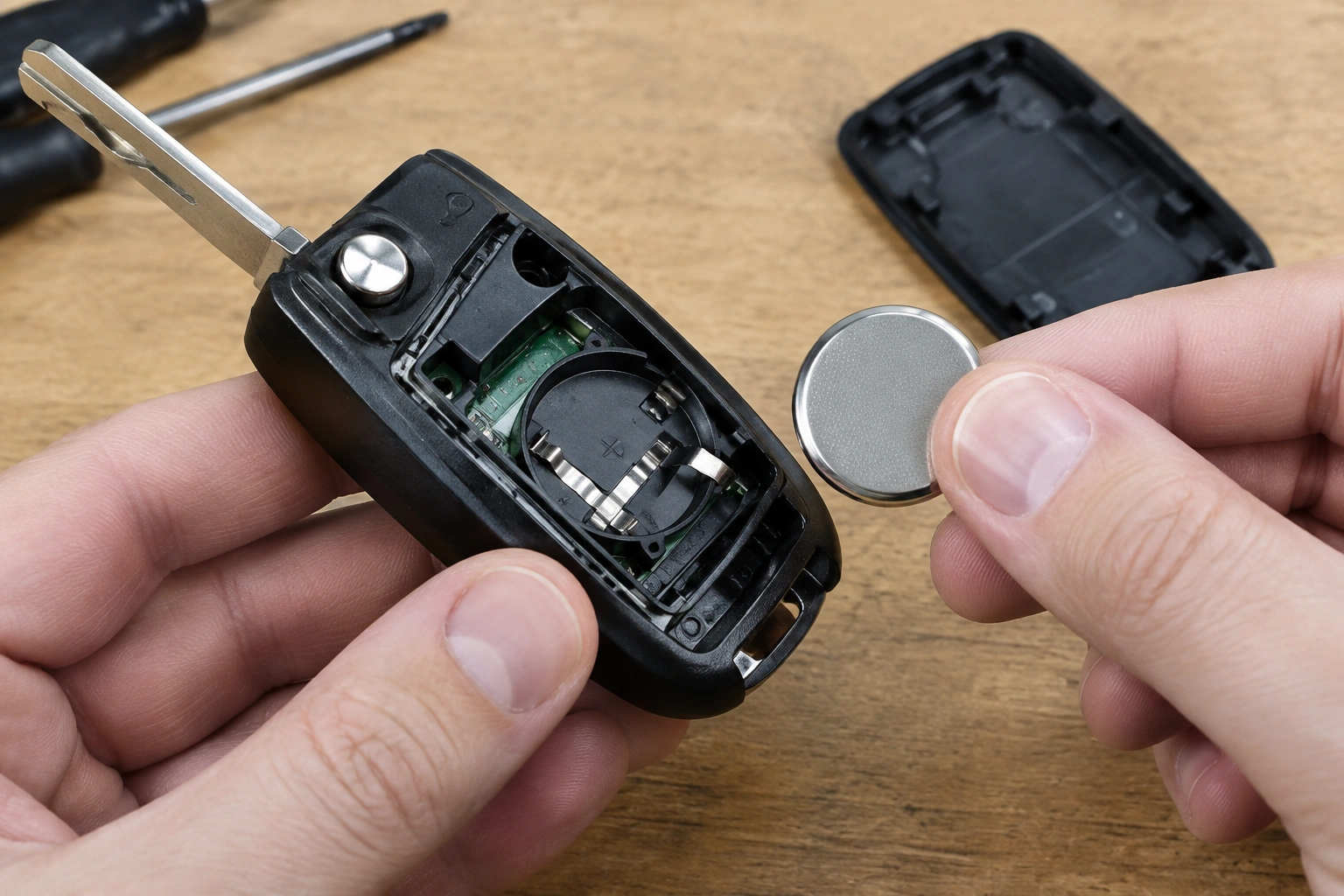 Open key fob with coin-cell battery showing contact points