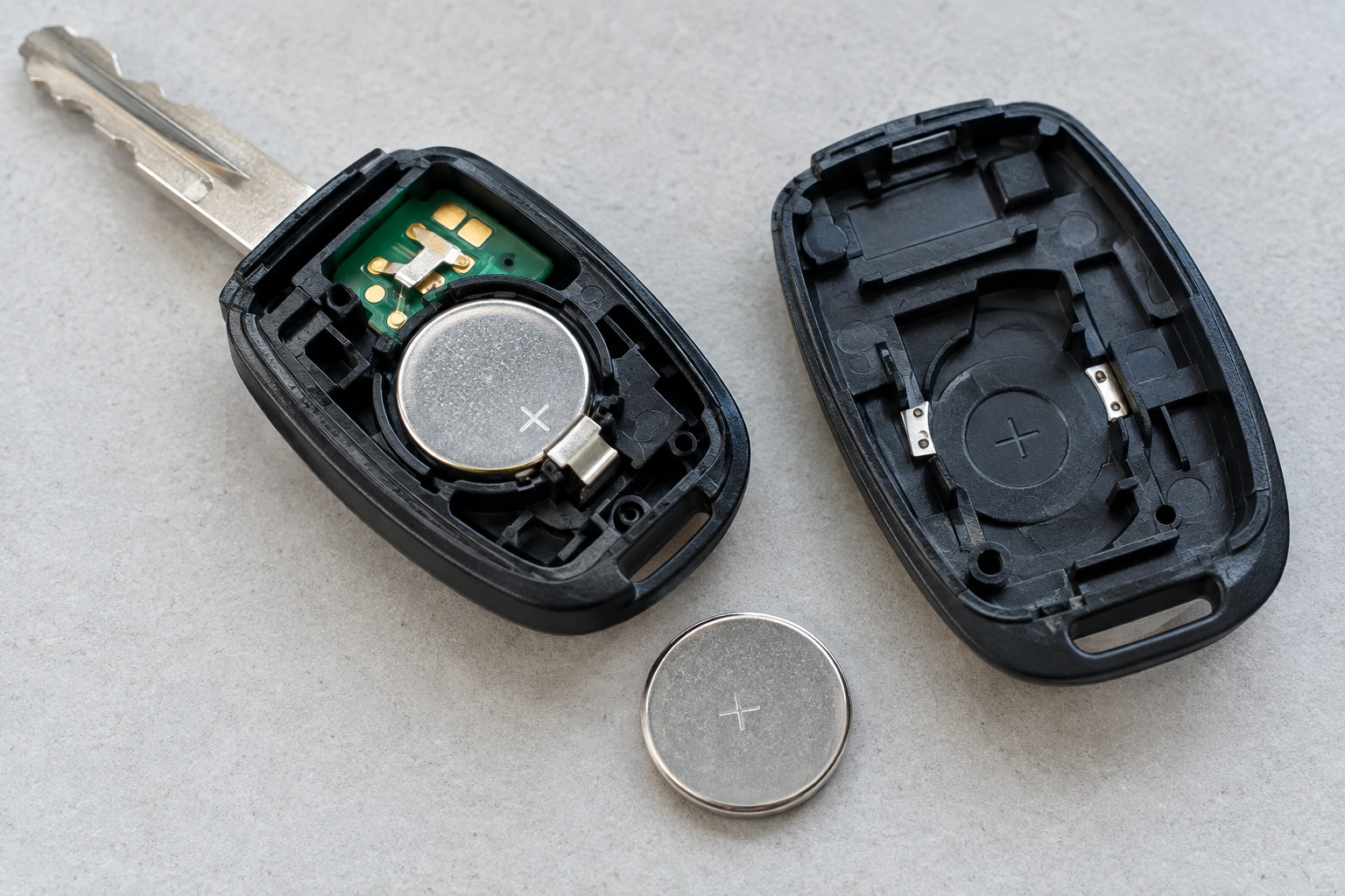Open key fob showing coin-cell battery and metal contacts