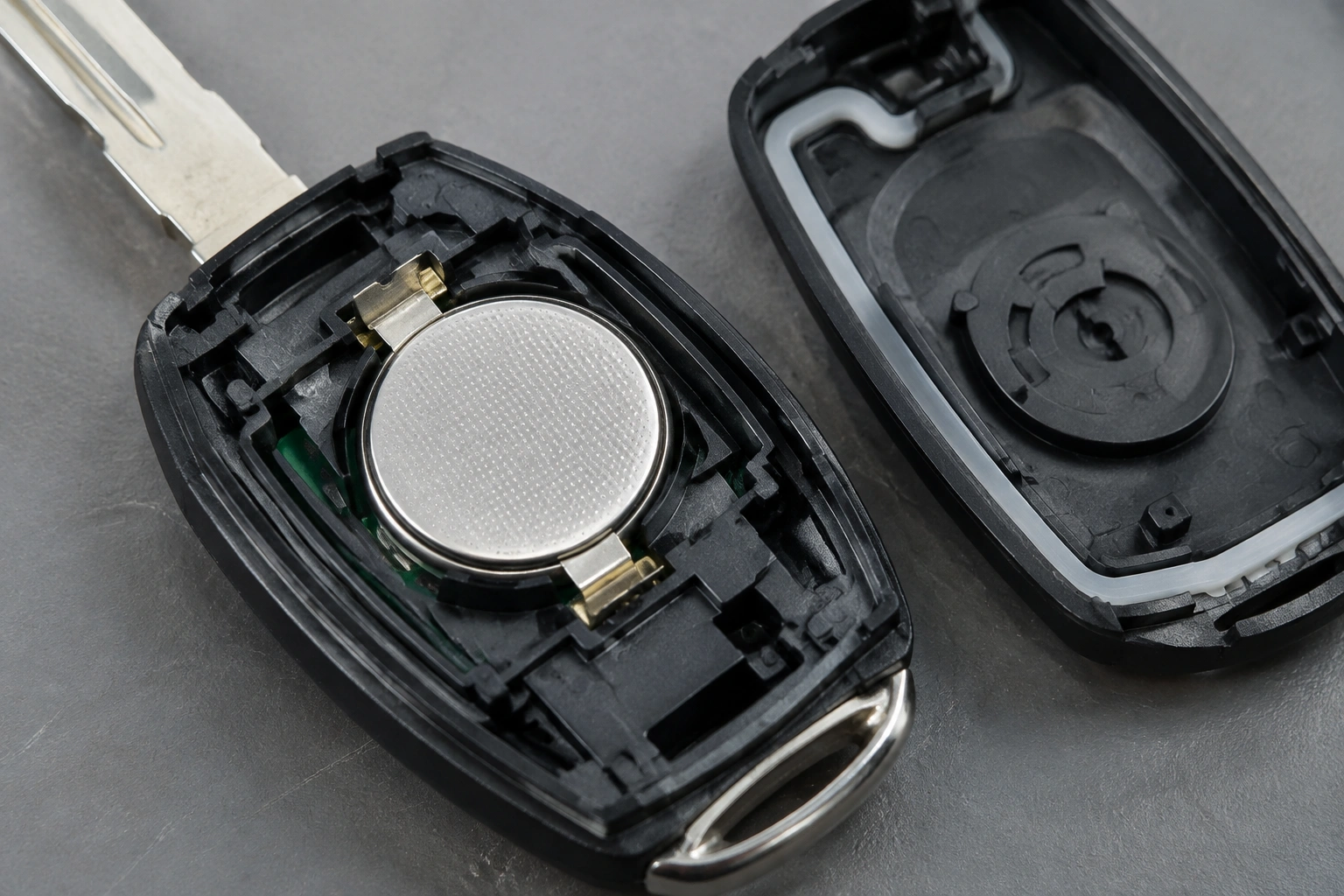 Open car key fob showing coin cell battery and contacts