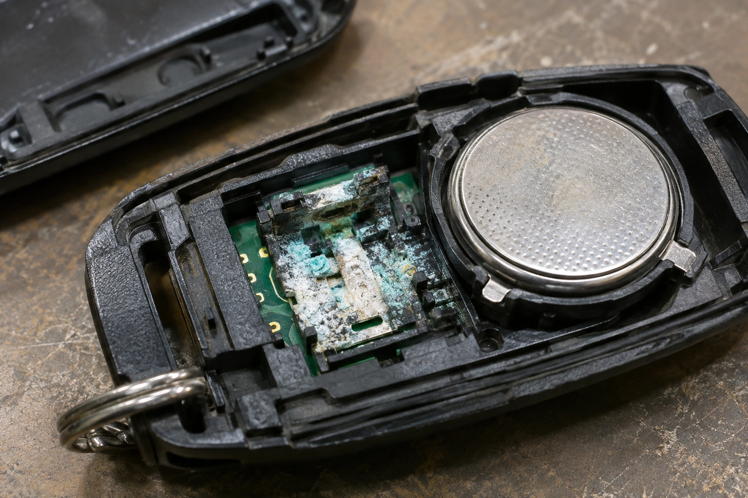 Close-up of a key fob battery compartment with corroded contacts