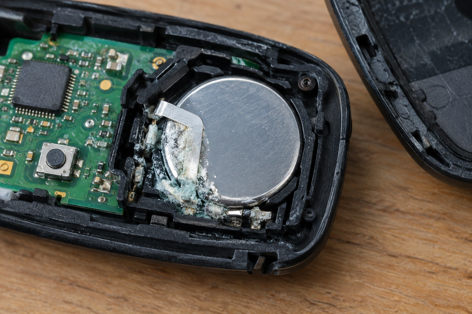 key fob battery contacts with visible corrosion