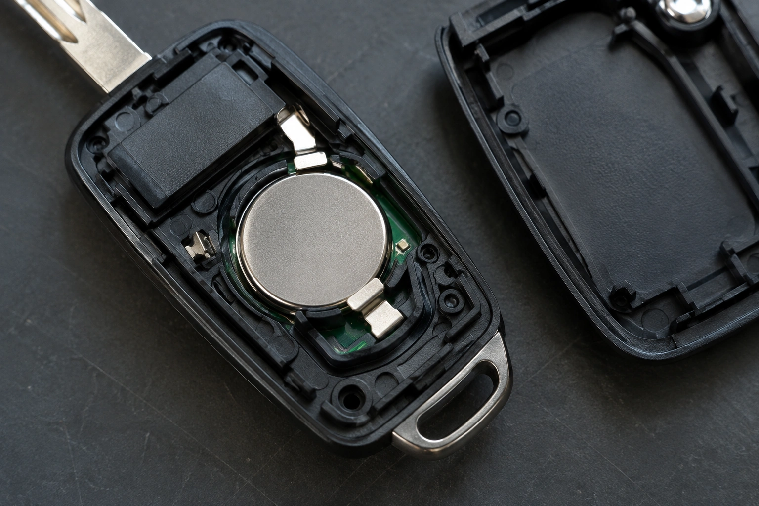 Open key fob showing battery contacts and coin-cell battery