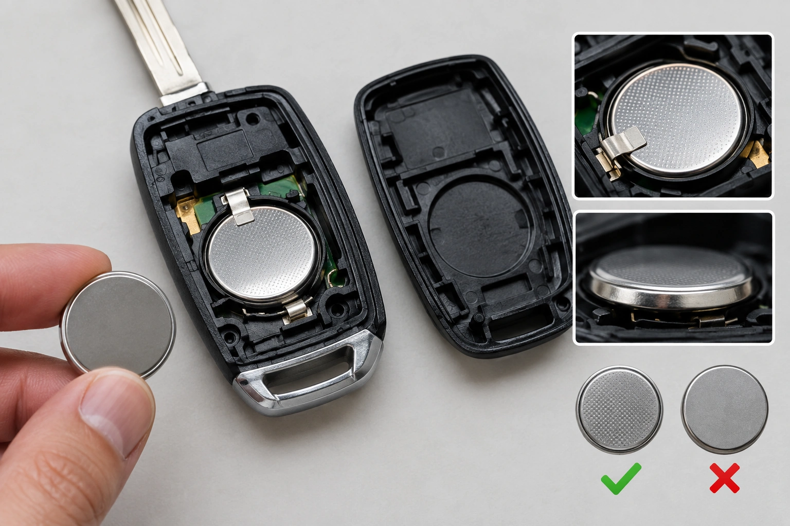 Open key fob showing battery contacts and coin cell battery