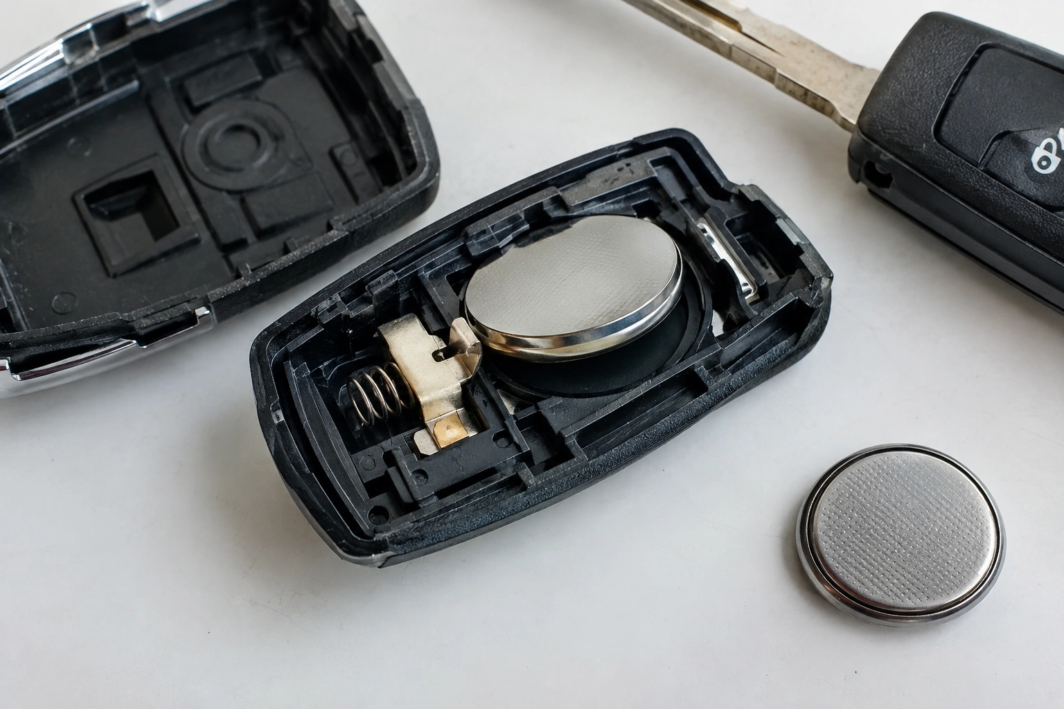 Open key fob showing coin cell battery and metal contacts