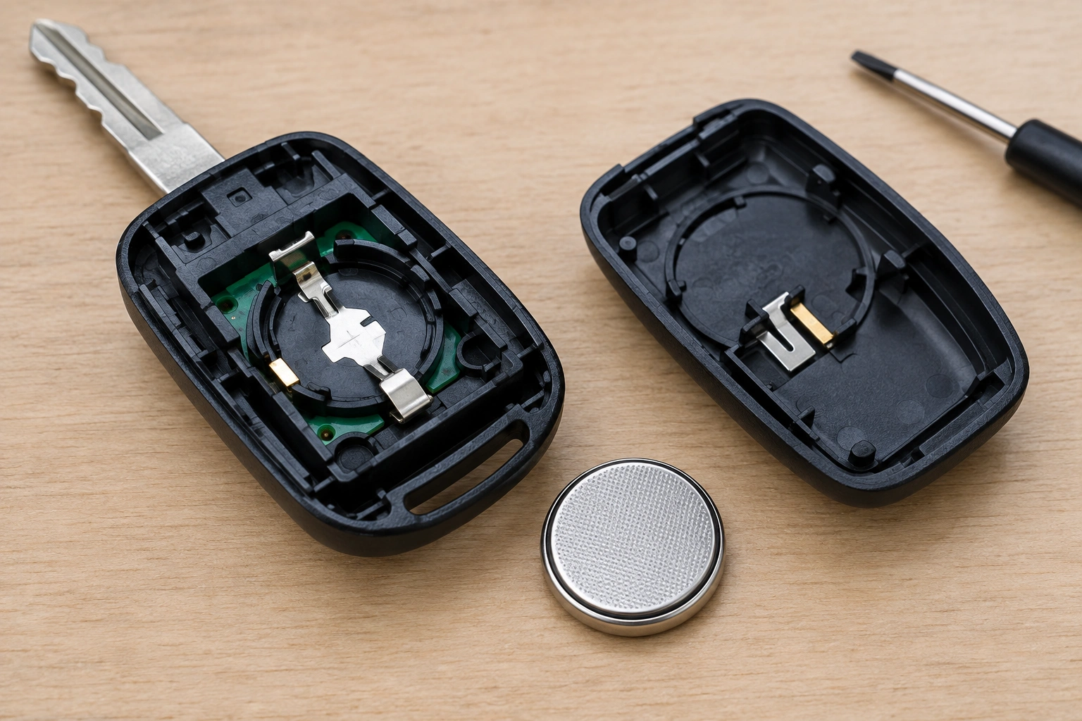 Open key fob showing coin battery and metal contacts
