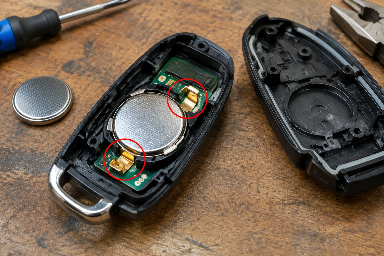 Open key fob with coin battery showing contacts and polarity
