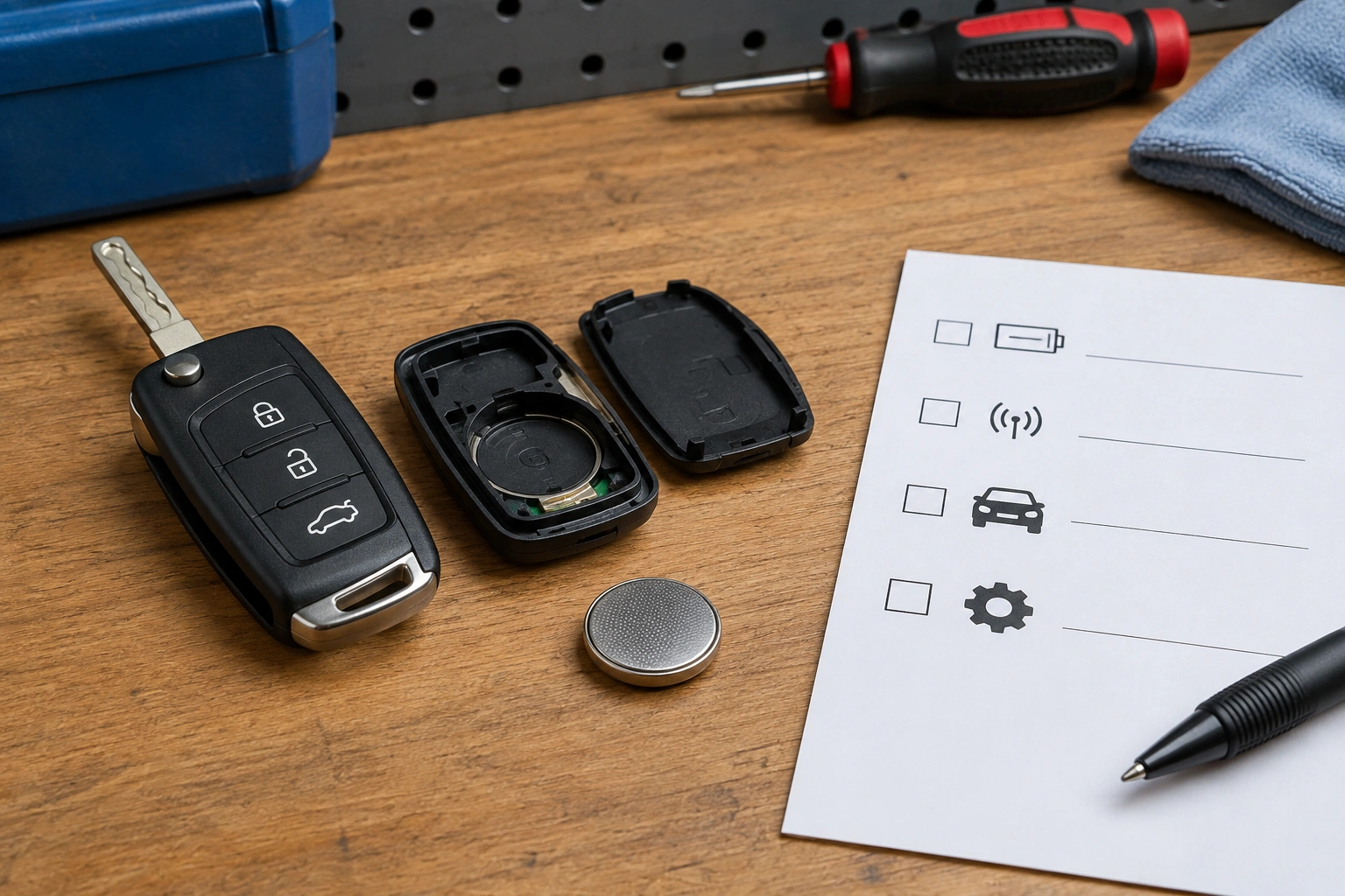 Car owner checking a key fob battery and buttons