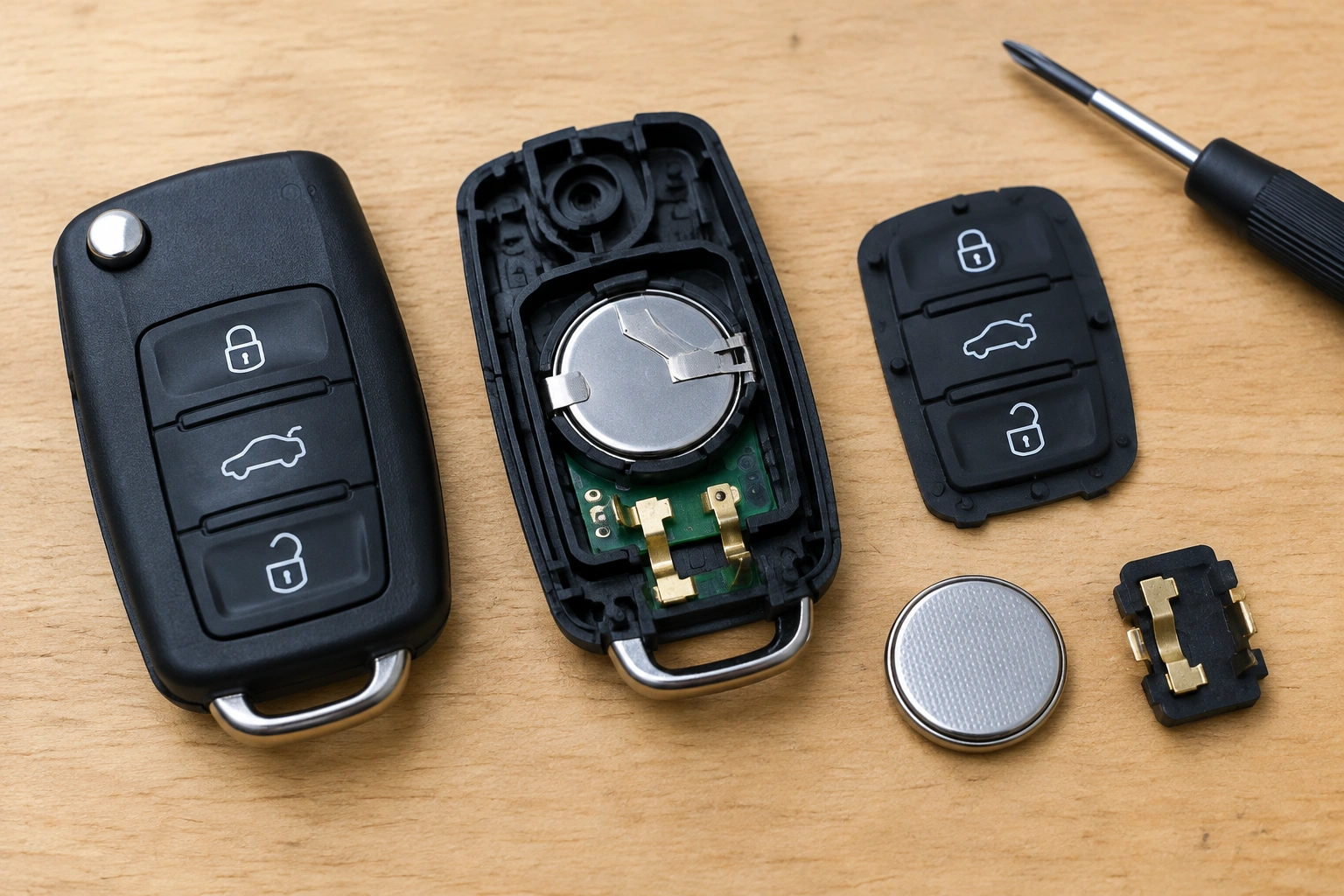 Open key fob with battery and contacts visible for inspection