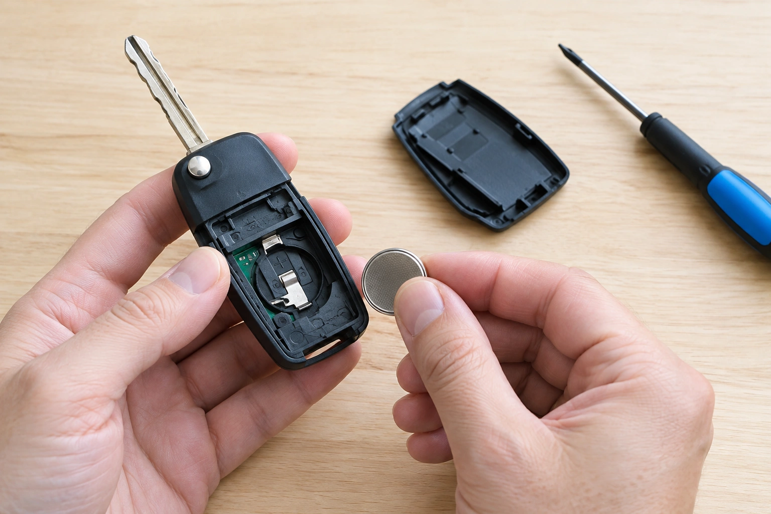 Person replacing the battery in a car key fob