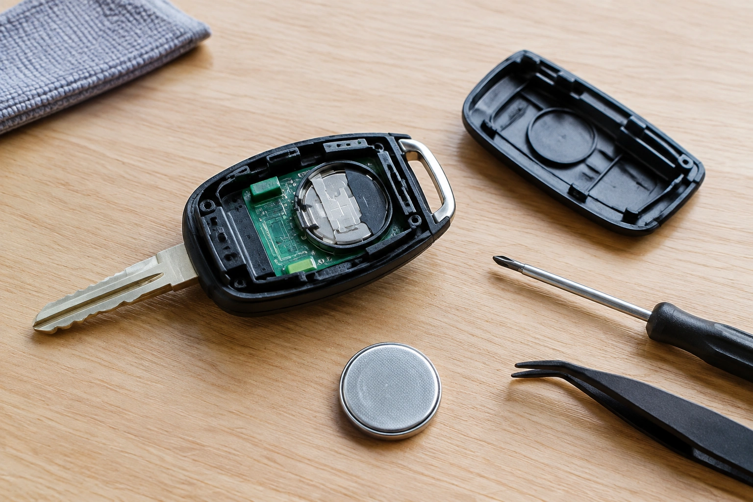 Car key fob battery replacement on a workbench