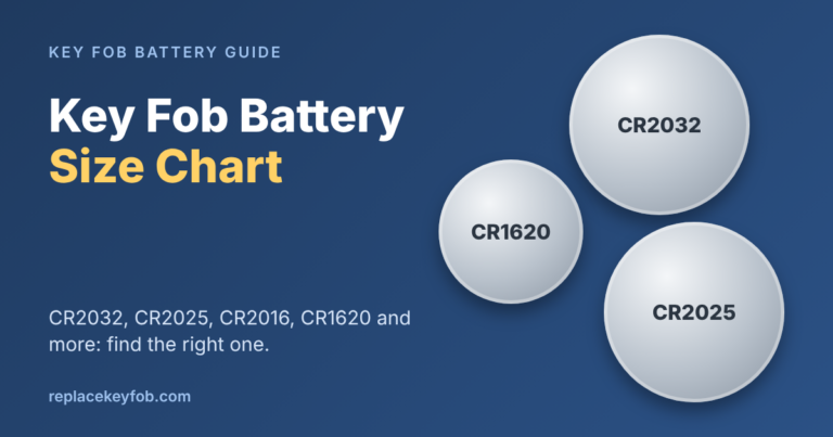 Key fob battery size chart showing CR2032, CR2025 and CR1620 coin cells