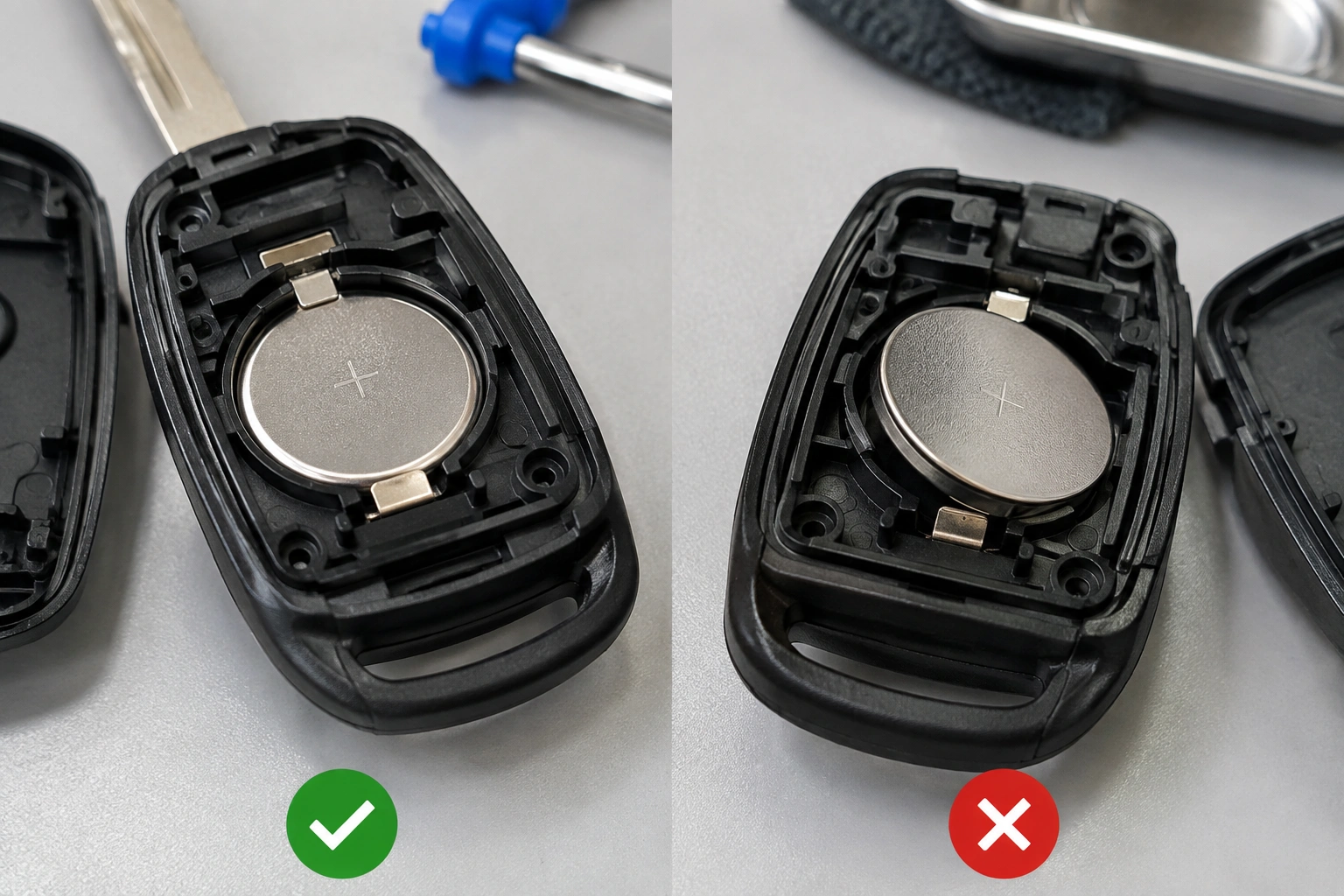 Open key fob showing coin-cell battery orientation and contact tabs