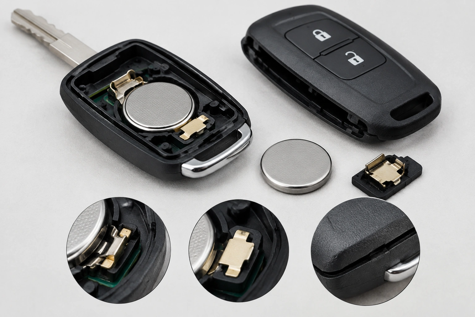 Open key fob with coin cell battery and visible contacts